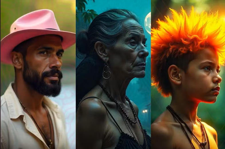  Montagem de três retratos estilizados. À esquerda, um homem de expressão forte usa um chapéu rosa, evoca a figura do Boto Cor-de-Rosa. No centro, uma idosa de cabelos grisalhos presos, com ar sábio e imponente, representa a Matinta Pereira. À direita, uma criança de perfil com cabelos espetados em tom vibrante, simboliza o Curupira. O fundo de cada retrato reflete tons e luzes da floresta, transmitindo a conexão com o ambiente amazônico e seus mitos.