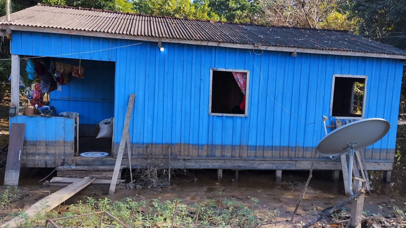 Fotografia colorida. A imagem mostra uma casa simples de madeira pintada de azul sobre estacas de madeira com um telhado de zinco. Ela está localizada em uma área ribeirinha, cercada por vegetação. Há três aberturas: uma porta aberta e duas janelas. Ao lado direito da imagem, em frente à casa, há uma antena parabólica instalada no chão.